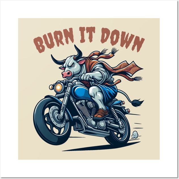 Biking bull burn it down Wall Art by Japanese Fever